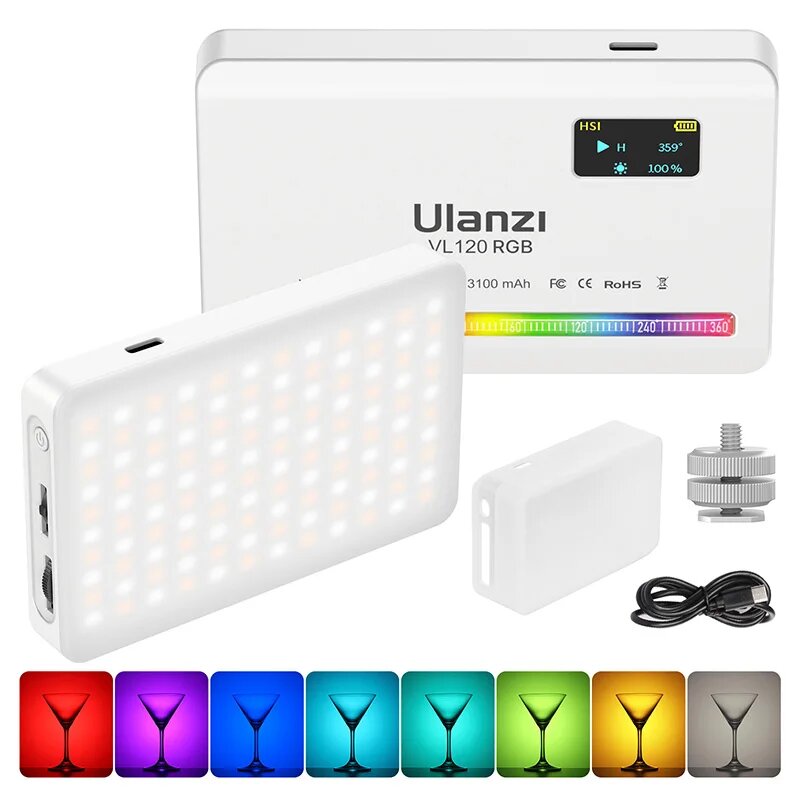 Ulanzi VL120 Полноцветный RGB-светильник для видео 2500K-9000K Светодиодное освещение для фотосъемки с регулируемой яркостью Свет для камеры Live Vlog Fill Light, White VL120 RGB