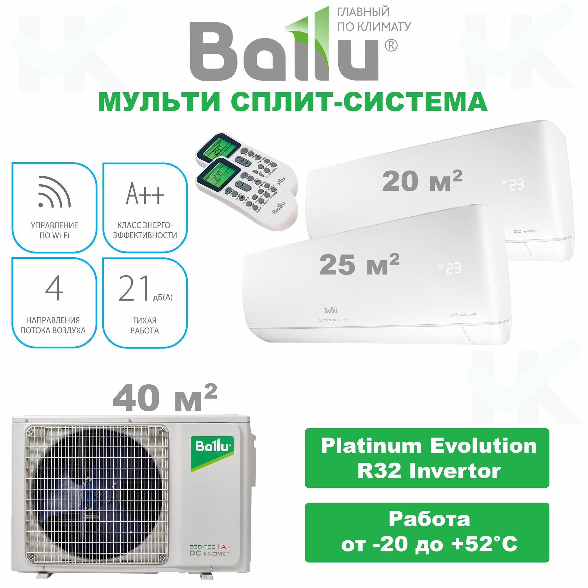 Мульти сплит-система Ballu Platinum Evolution на 2 комнаты (20м2+25м2) BSUI/in 07-09 WT + BA2OI/out-14 (14000 BTU) кондиционер инверторный, комплект, белый