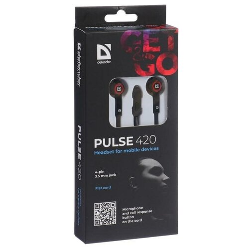 Наушники Defender Pulse 420, вакуумные, микрофон, 105дБ, 32 Ом, 3.5 мм, 1.2 м, чёрно-красные