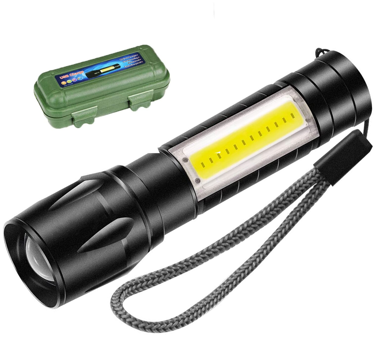 Ручной компактный фонарик от SimpleShop с регулировкой угла свечения стробоскопом и зарядкой от USB