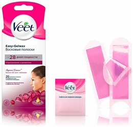Восковые полоски для чувствительных участков тела и лица Veet Easy Gelwax, с ароматом бархатной розы и эфирными маслами, 20 шт.