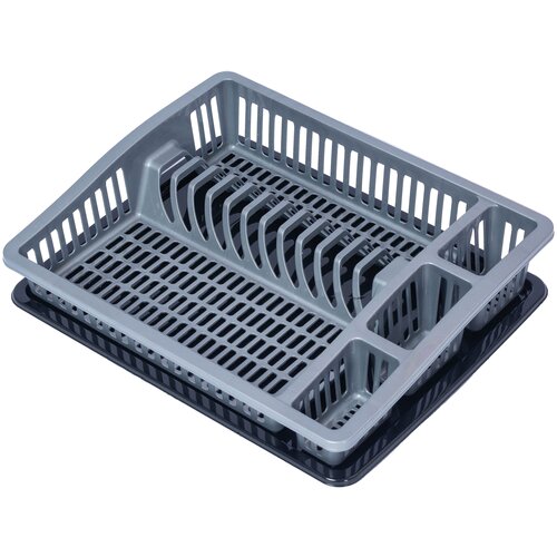 Настольная сушилка для посуды с поддоном / Пластиковая сушка посуды в шкаф / Кухонная сушилка черно - серебристая / Luoweite