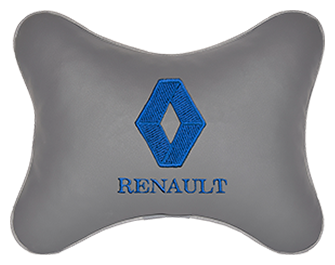 Автомобильная подушка на подголовник экокожа L.Grey (синяя) с логотипом автомобиля RENAULT