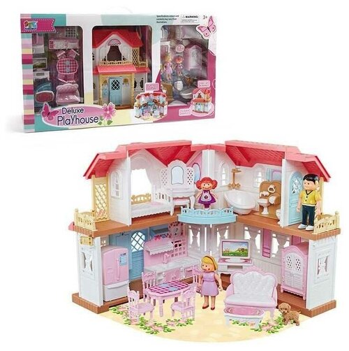 Кукольный домик Deluxe Playhouse 16838 SFL, двухэтажный, с набором мебели, с семьей, с питомцем, сигнал звонка, подсветка, 67.5х34х17 см