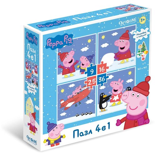 Пазл 4 в 1 Peppa Pig Зима. Снежное веселье + наклейки