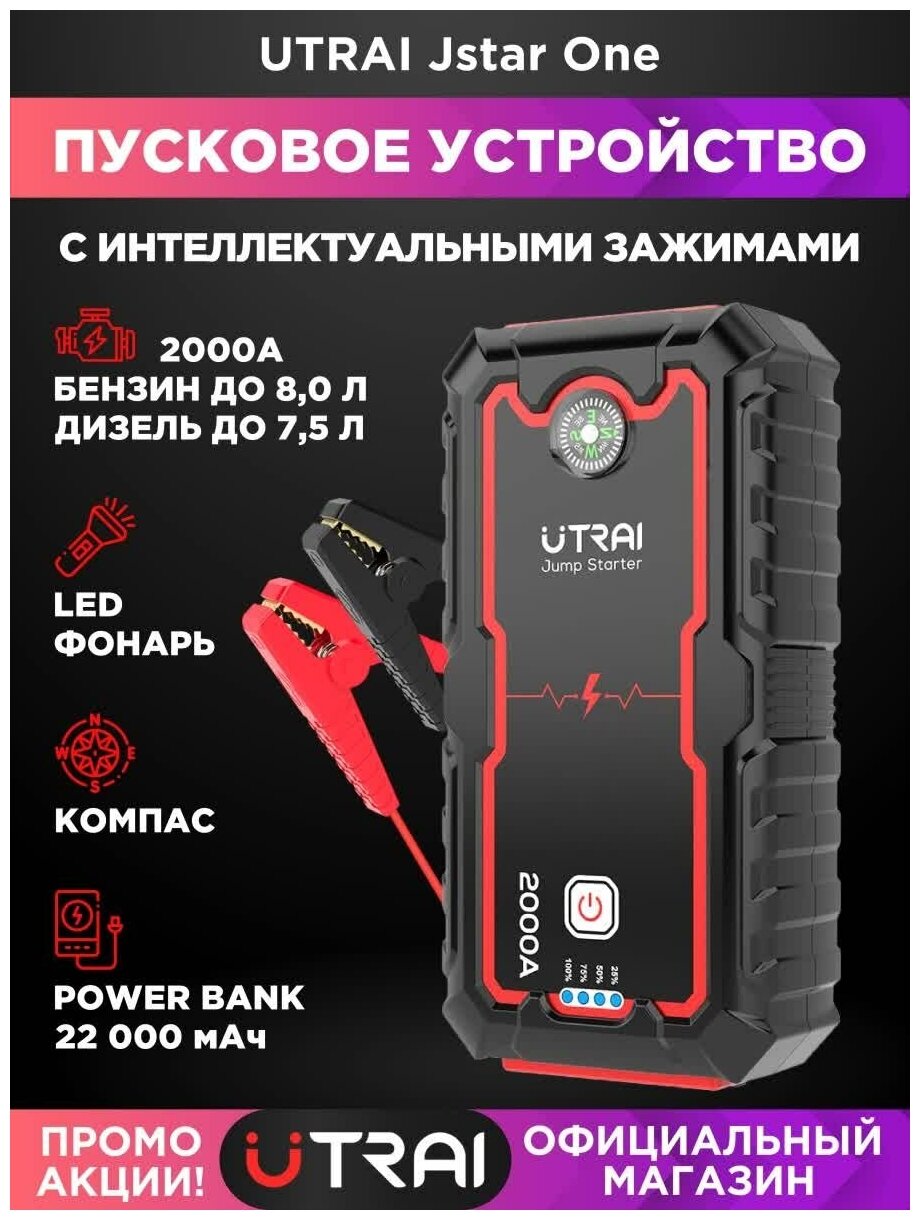 Портативное пусковое зарядное устройство UTRAI 2000A для автомобиля/ Power Bank/ ПЗУ/ Пускач