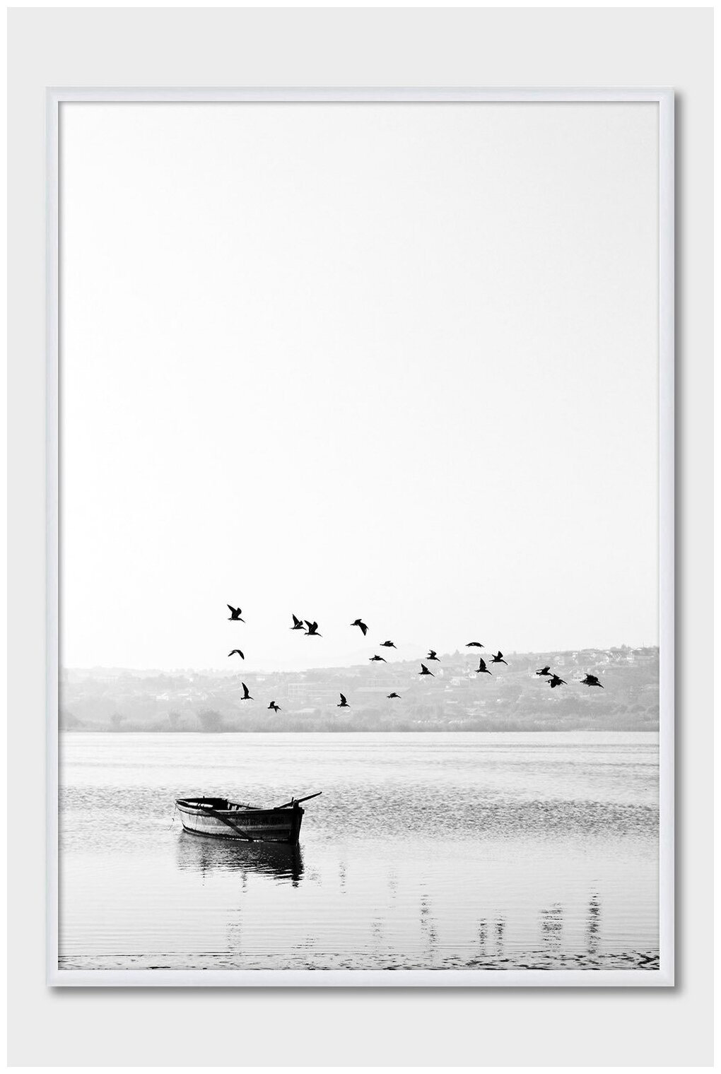 Черно-белый постер на стену для интерьера Postermarkt Лодка и птицы, постер в белой рамке 30х40 см, постеры картины для интерьера в белой рамке