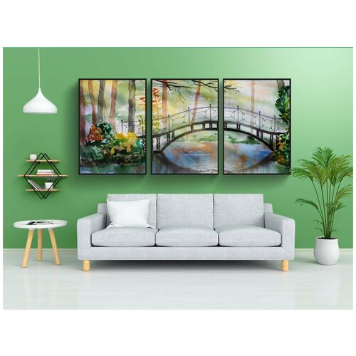 фото Набор модулных постеров для интерьера "мост, лес, пруд" 60x90 см. в тубусе, без рамки lotsprints