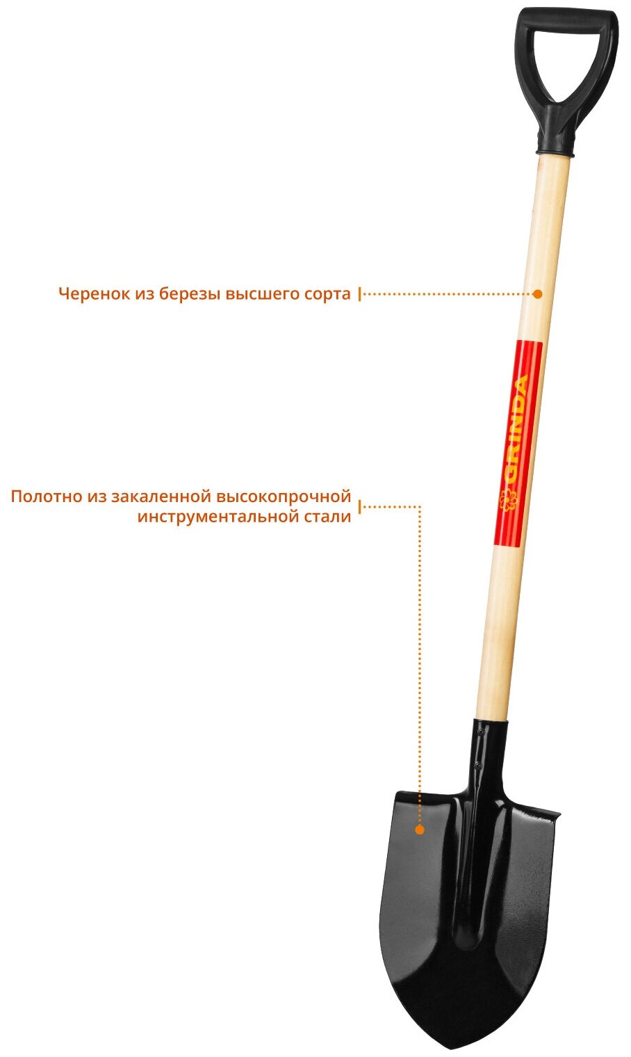 Лопата штыковая, деревянный черенок, с рукояткой, GRINDA - фотография № 3