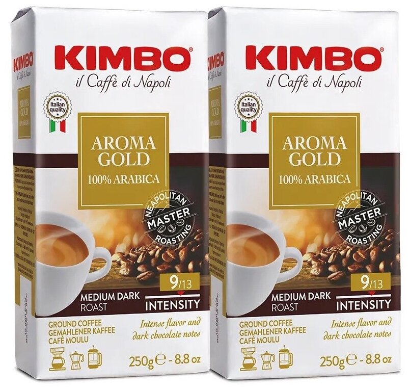 Кофе Kimbo Голд 100% Арабика нат. жар мол 2 шт по 250г, в/у - фотография № 1