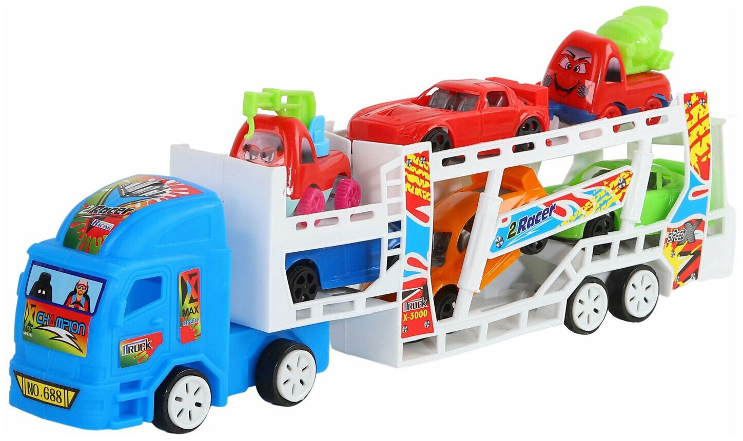 Машинка детская Автотрейлер ТМ "Компания Друзей" 4 гоночных автокран и водовоз игрушка для мальчиков автовоз машина игрушка для малышей синий 18х12х30 см