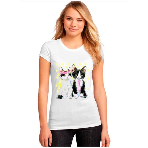 фото "женская белая футболка котята, галстук, розы". размер s drabs