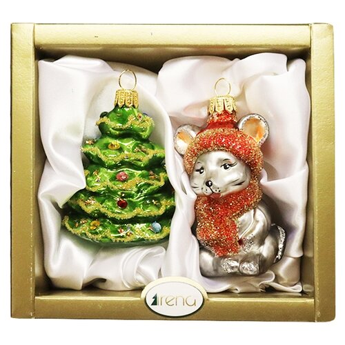 фото Набор елочных игрушек irena co мышка в шапочке и ёлочка с камушками 62325, разноветный, 2 шт.