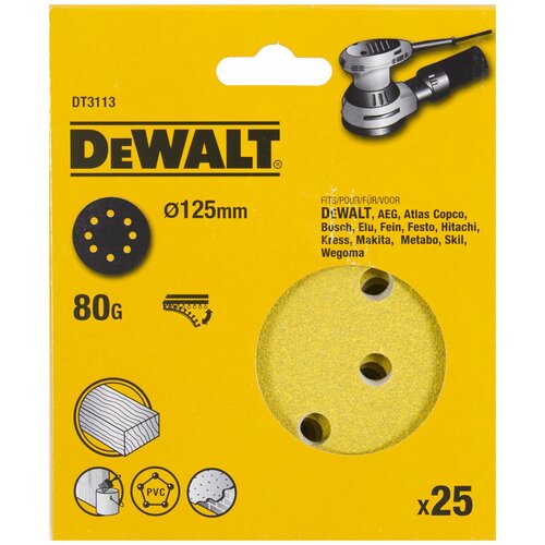 DeWalt Шлифкруги 125мм, 8 отв., 80G, 25шт