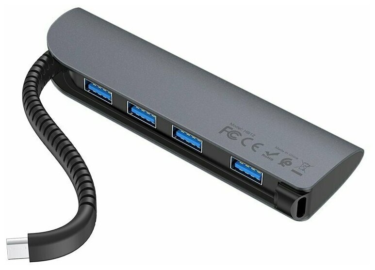 USB-концентратор HOCO HB13, 4 USB выхода, кабель Type-C, цвет серый