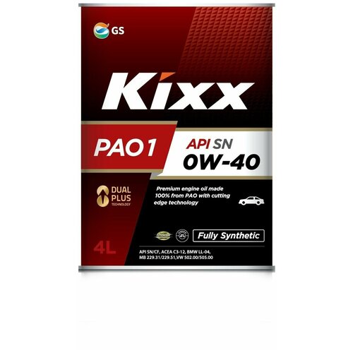 Масло моторное Kixx PAO 1 0w-40 API SN, ACEA A3/B4/C3 4л L208444TE1