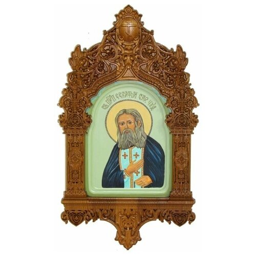 Рукописная икона Преподобный Серафим Саровский чудотворец на кипарисе 15*20см 999-RTI-42BAk