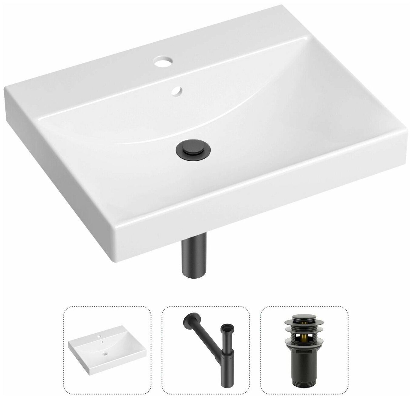 Врезная раковина в ванную Lavinia Boho Bathroom Sink 21520578 в комплекте 3 в 1: умывальник белый, донный клапан и сифон в цвете матовый черный - фотография № 1