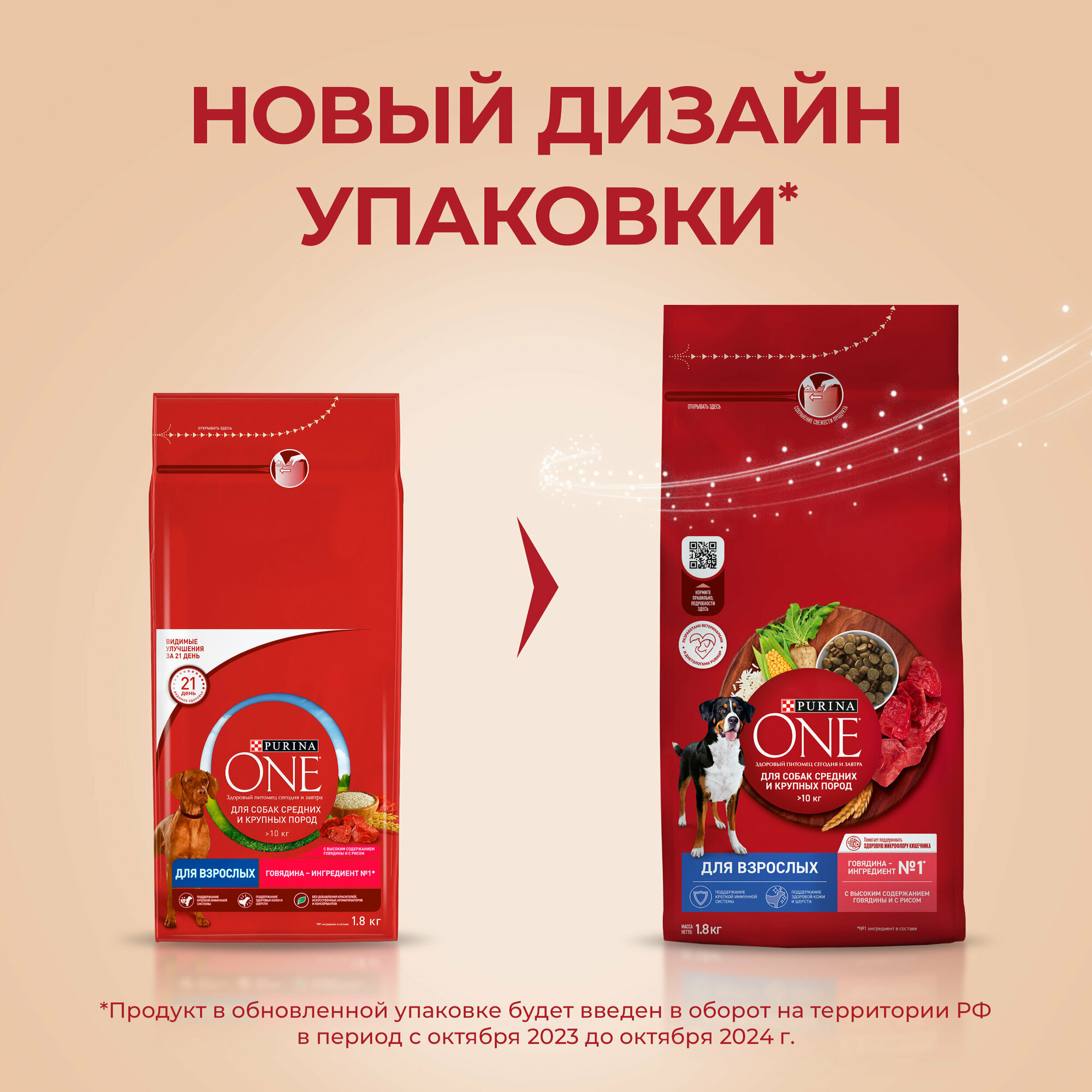 Сухой корм PURINA ONE® для взрослых собак средних и крупных пород с говядиной и рисом, 1.8 кг — фото 1