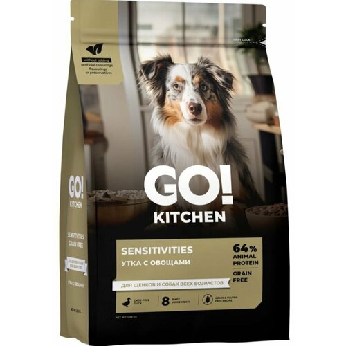 GO! GO! KITCHEN Полнорационный беззерновой сухой корм для щенков и собак всех возрастов с уткой для чувствительного пищеварения, 5.44кг