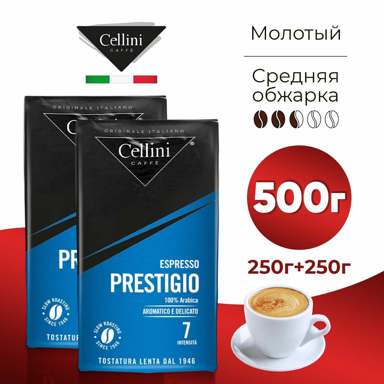 Cellini Кофе молотый Арабика 100% Prestigio, Набор 500гр (250г х2)