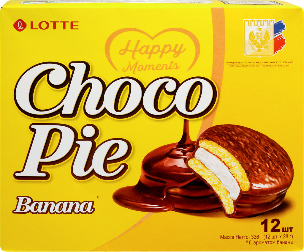 Печенье LOTTE Choco Pie Banana бисквитное в шоколадной глазури, 12х28г