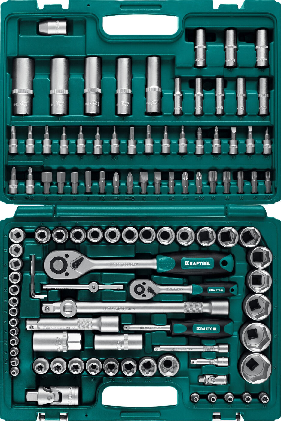 KRAFTOOL X-Drive 108, 108 предм, (1/2″+3/8″+1/4″), универсальный набор инструмента (27888-H108)