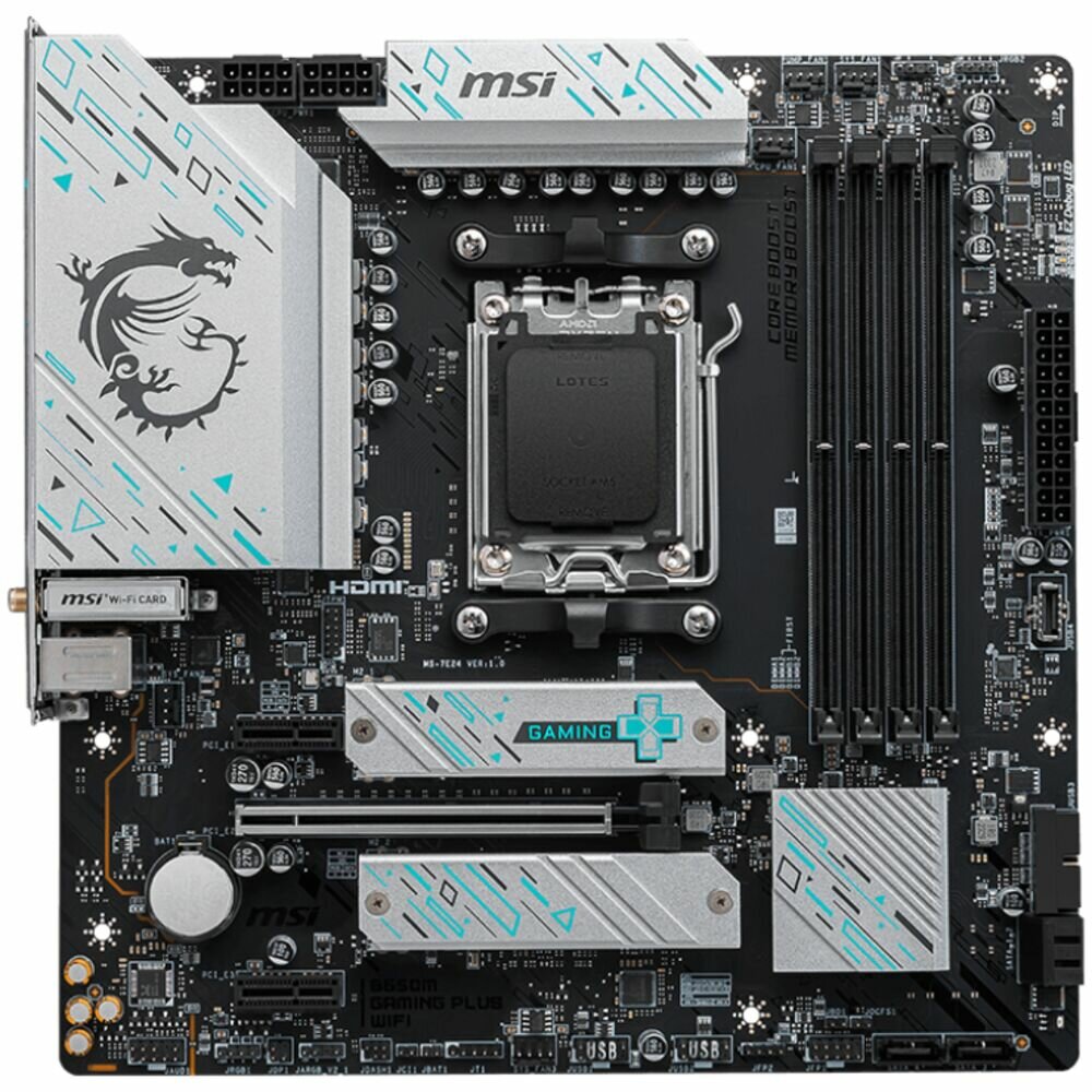 Материнская плата MSI B650M Gaming Plus WiFi Socket-AM5 AMD B650 4xDDR5, 4xSATA3, RAID, 2xM.2, 1xPCI-E16x, 7xUSB3.2, 1xUSB3.2 Type C, DP, HDMI, WiFi, 2.5Glan, mATX Ret — фото 1