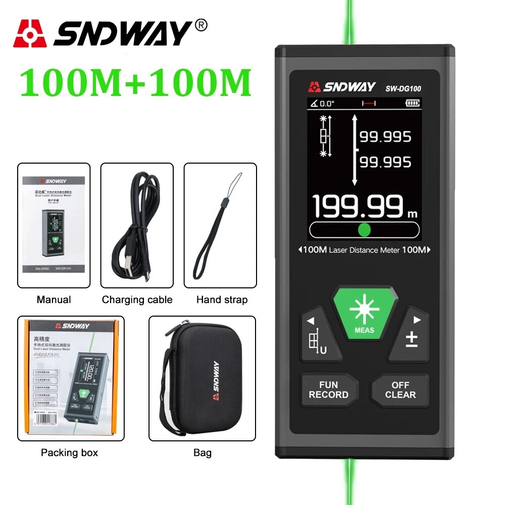 SNDWAY Лазерный дальномер двухсторонний красный зелёный, SW-DG100 Green