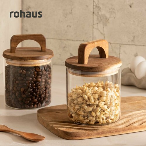 Набор из 2х банок из стекла Rohaus 600мл для хранения еды и сыпучих продуктов с деревянной крышкой