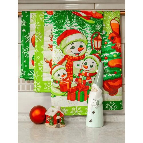 Полотенца кухонные 36*60, 4 шт. Снеговики зеленые.
