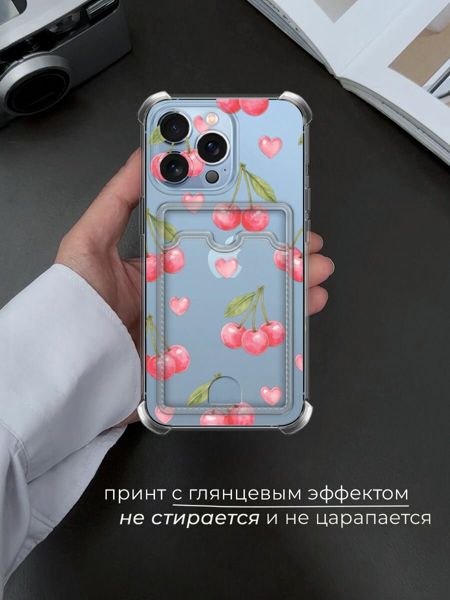 Чехол на Apple iPhone 13 Pro (Айфон 13 Про) с картой и принтом Вишни и сердечки — фото 1