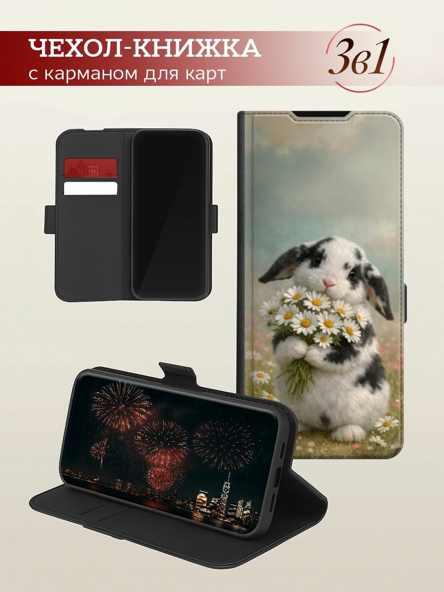 Чехол-книжка на Samsung Galaxy A17 / Самсунг А17 с принтом Кролик с букетом ромашек, черный — фото 1