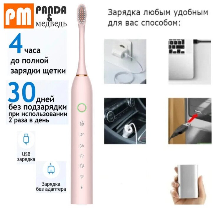 Электрическая зубная щетка Panda & Медведь TOOTHBRUSH звуковая , розовый - фотография № 7