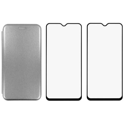 фото Комплект для samsung a02s : чехол книжка серый + два закаленных защитных стекла с черной рамкой shok365