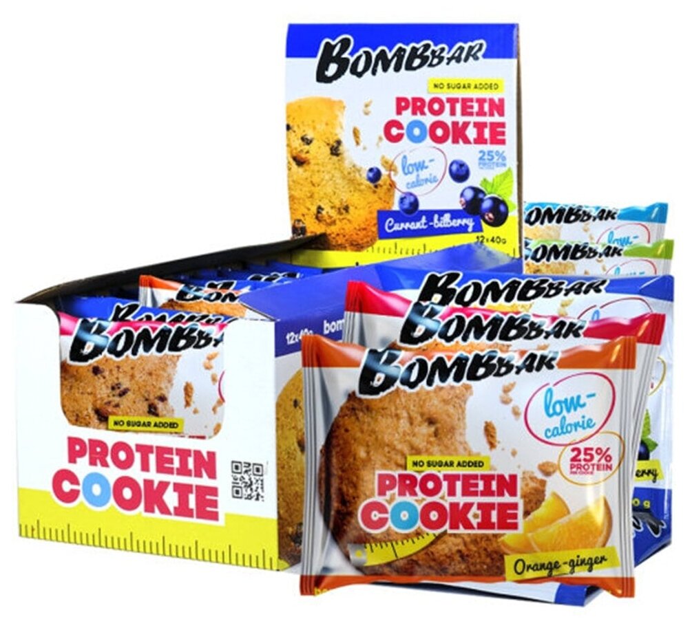 Низкокалорийное протеиновое печенье Bombbar Protein Cookie без сахара "Ассорти", 12шт х 40г