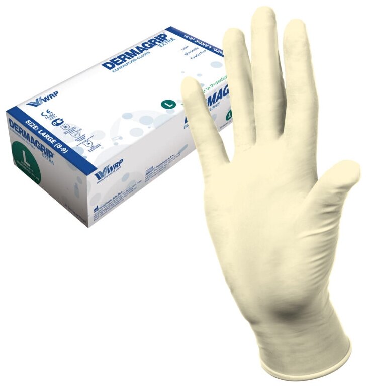Перчатки латексные WRP DERMAGRIP EXTRA, 25 пар, размер L