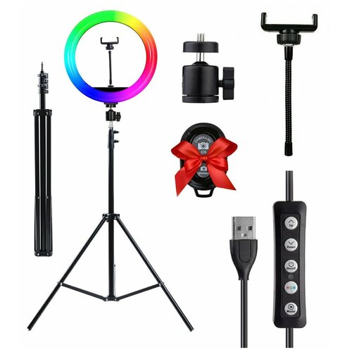 Кольцевая светодиодная лампа Goodly LED RING 26 см RGB с цветными режимами Bluetooth пультом регулируемым штативом 210 см держателем для телефона 148800₽