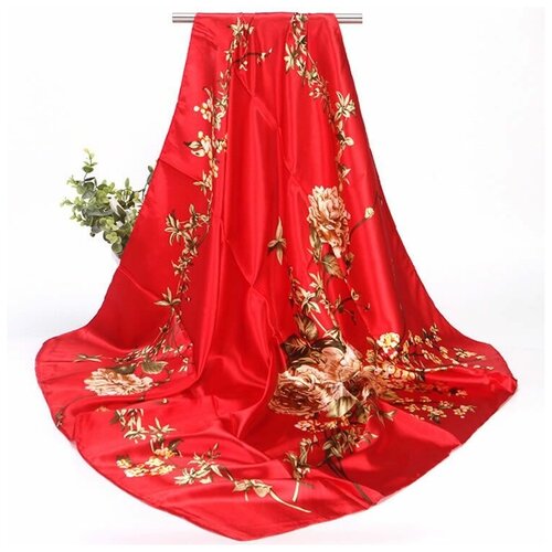 Платок женский GI &A Queen, 90см*90см, красный/цветы
