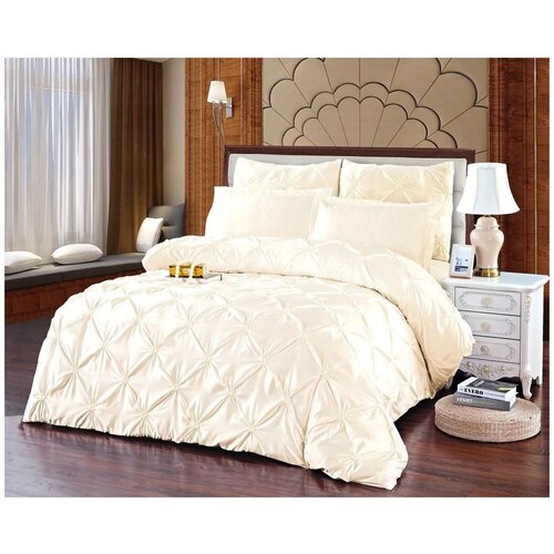 Комплект постельного белья Евро, Шелк, Сатин, Подарочный, молочный / светло-бежевый, наволочки 50x70, 70x70