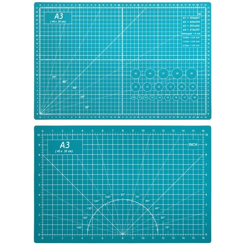 Коврик для макетирования и резки 45x30см A3 двусторонний с разметкой. ПВХ с самовосстанавливающимся покрытием. Цвет зеленый