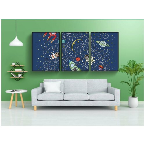 фото Набор модулных постеров для интерьера "кот, космос, космонавт" 60x90 см. в тубусе, без рамки lotsprints