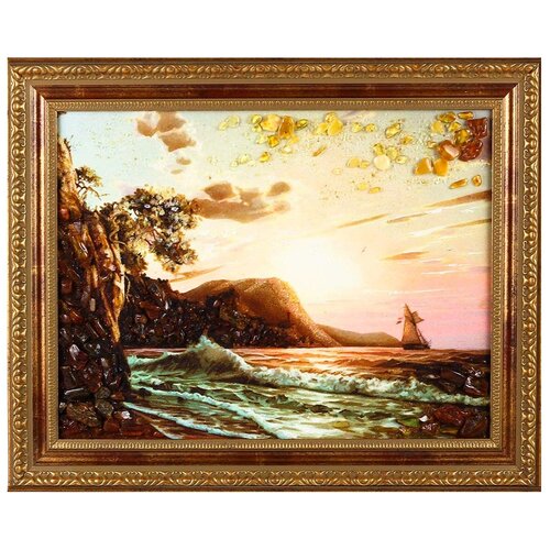 Панно «Пейзаж с парусником» из балтийского янтаря