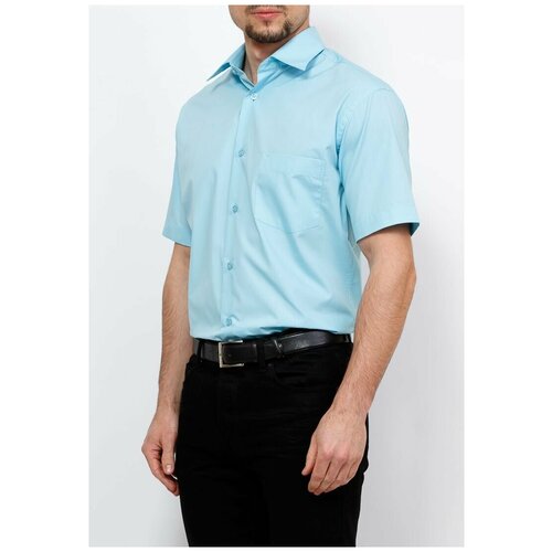 фото Рубашка мужская короткий рукав greg gb210/309/bl sky/z, полуприталенный силуэт / regular fit, цвет бирюзовый, рост 174-184, размер ворота 37