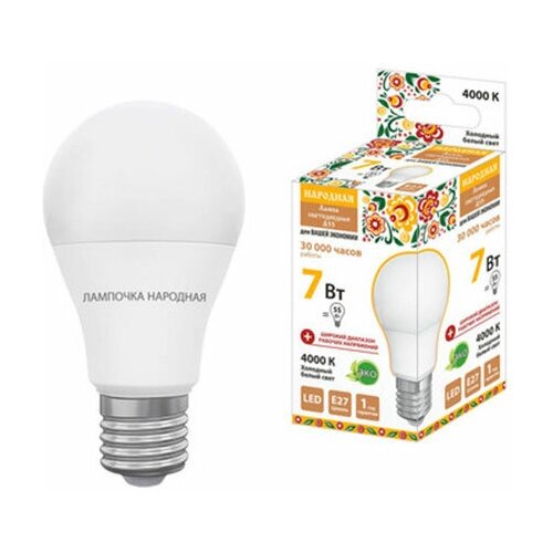 фото Лампа светодиодная tdm нл-a55-7 вт-230 в-4000 к-е27, народная tdm еlectric