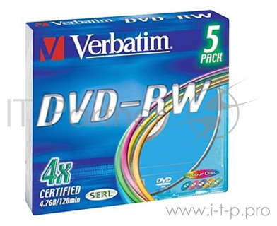 Диск Dvd-rw Verbatim 4.7Gb 4x Slim Color (5шт) 43563 43563