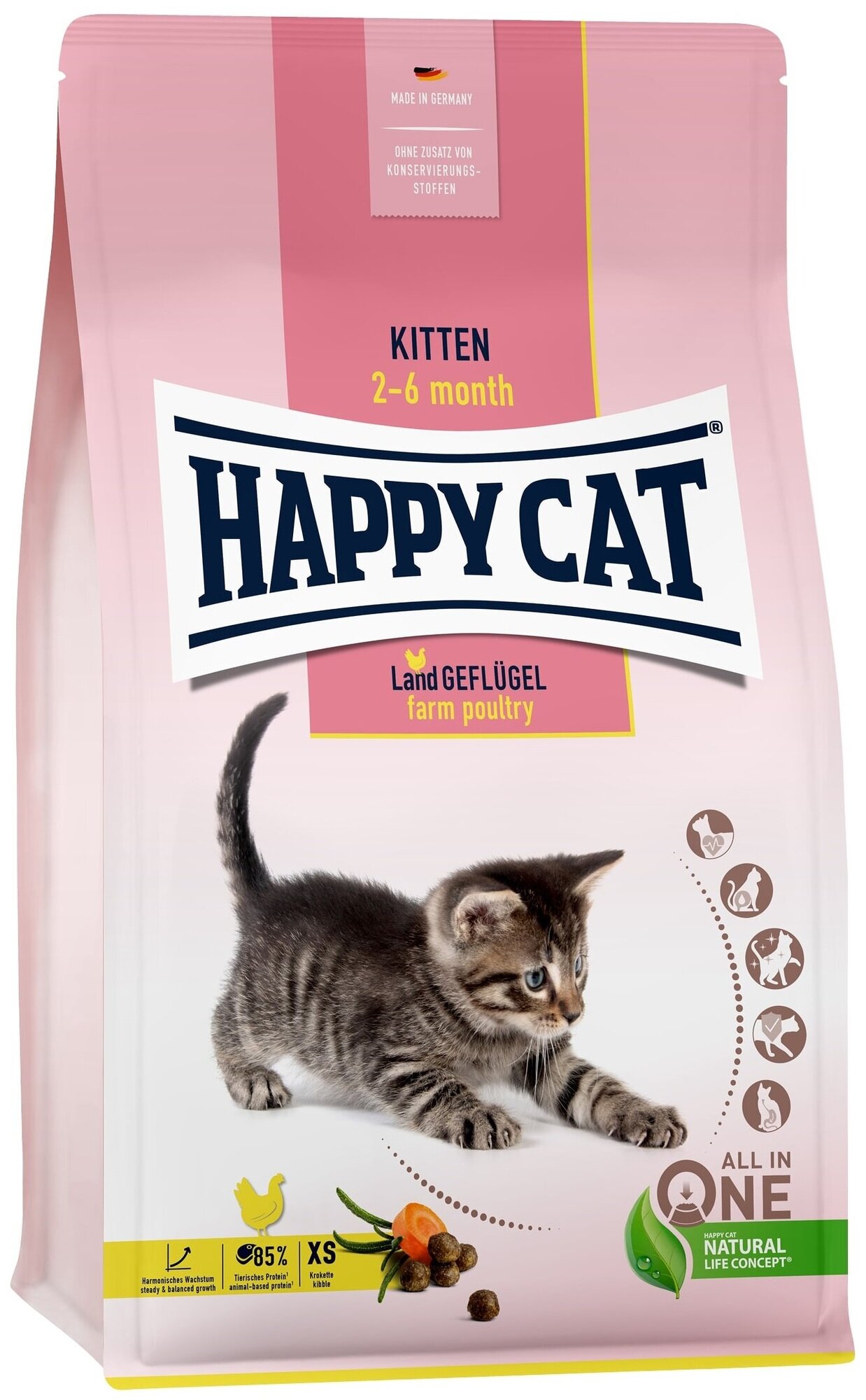 Корм сухой Happy Cat Kitten 1.3 кг, для котят всех пород ( от 2х до 6 месяцев), с фермерской птицей