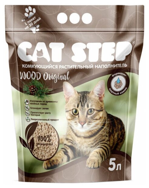 CAT STEP WOOD ORIGINAL наполнитель древесный комкующийся для кошачьего туалета (10 л) - фотография № 4