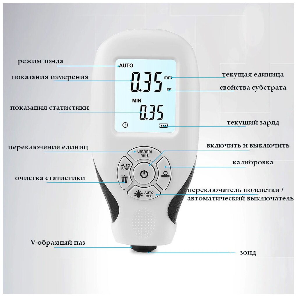 Толщиномер автомобильный лакокрасочных покрытий HW-300, белый - фотография № 6