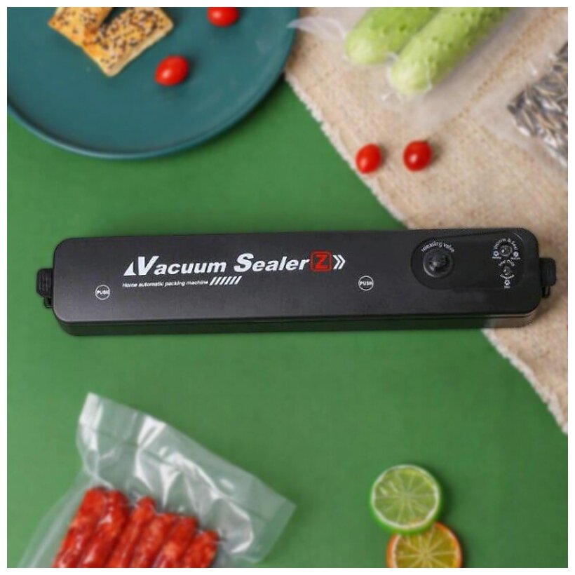 Вакуумный упаковщик вакууматор Vacuum Sealer для упаковывания продуктов дома на кухне в пищевые пакеты (5шт в наборе), черный